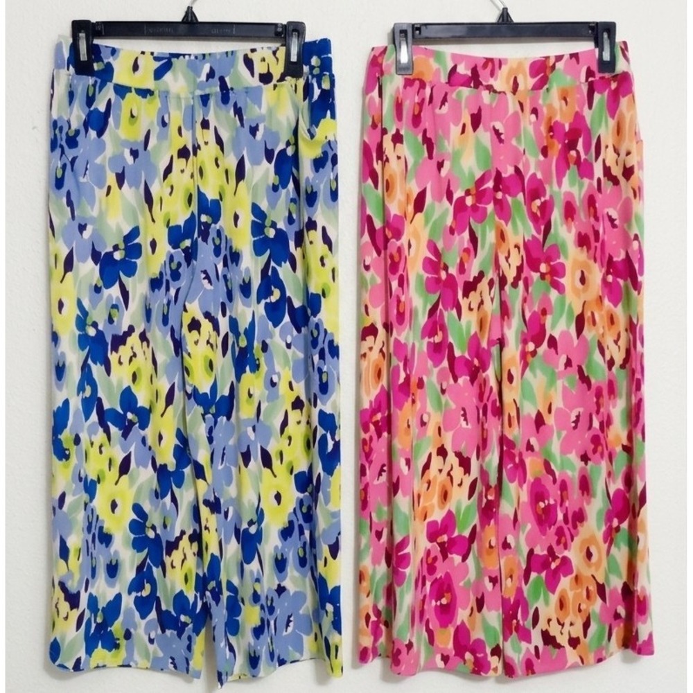 Quacker Factory Floral Crop Pants Set of 2 Blue Pink Wide Leg Elastic Waist S